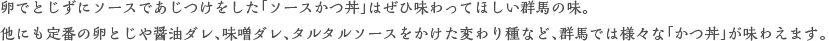 卵でとじずにソースであじつけをした「ソースかつ丼」はぜひ味わってほしい群馬の味。他にも定番の卵とじや醤油ダレ、味噌ダレ、タルタルソースをかけた変わり種など、群馬では様々な「かつ丼」が味わえます。